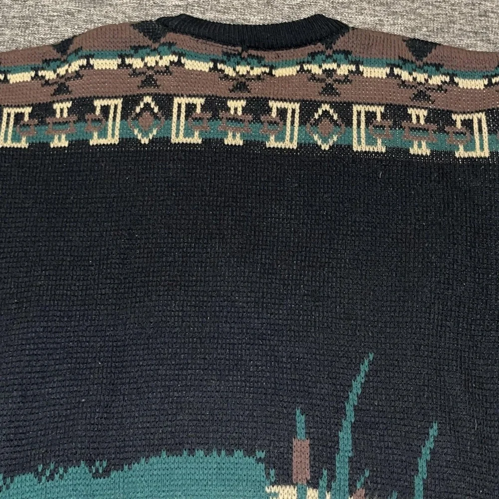Vintage Duxbak Sweater Mens XL Black Green Fisherman Graphic Knit Outdoors